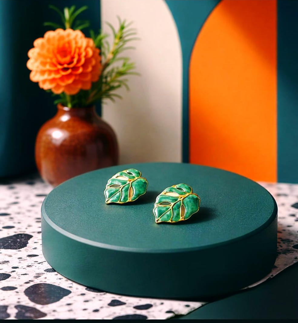 Azely Boucles d'Oreilles Dorées Motif Feuille Orange Vert - Acier Inoxydable