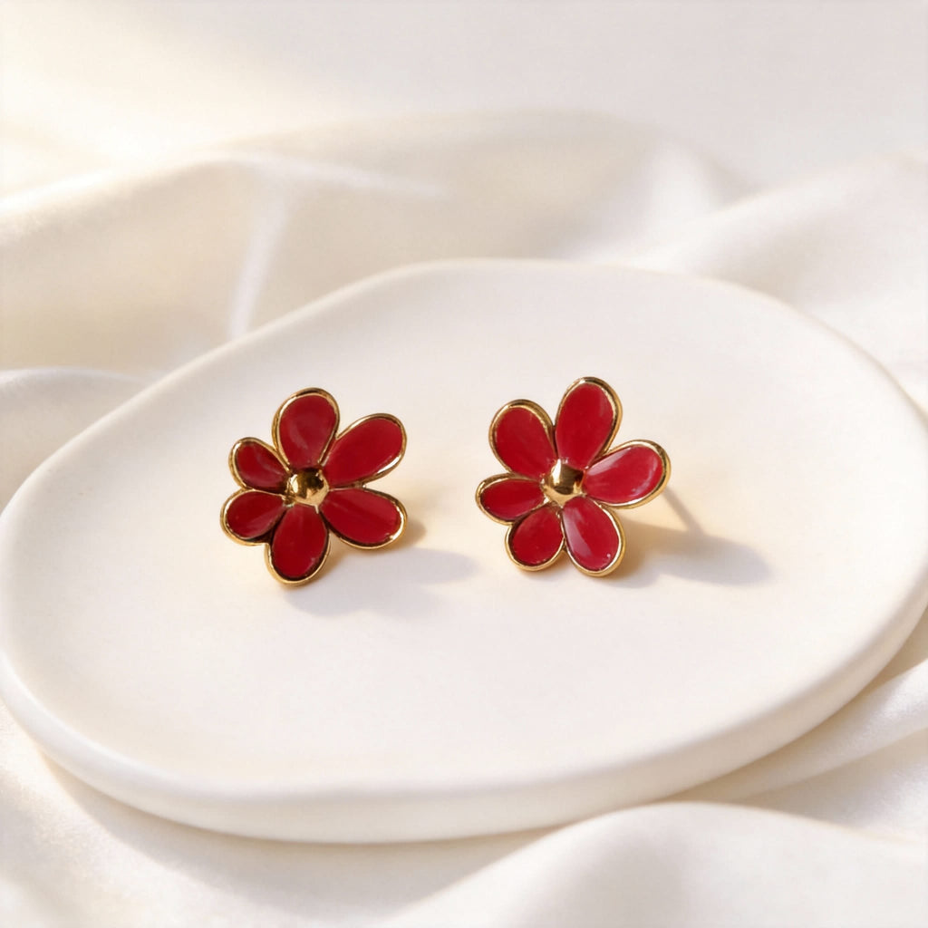 Iris Boucles d'Oreilles Dorées Motif Floral Rouge Rose - Acier Inoxydable
