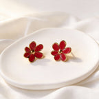 Iris Boucles d'Oreilles Dorées Motif Floral Rouge Rose - Acier Inoxydable