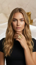Camélia Bague Ajustable Dorée Motif Floral Strié - Acier Inoxydable Femme
