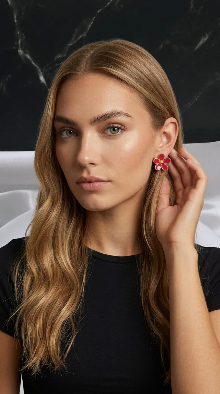 Iris Boucles d'Oreilles Dorées Motif Floral Rouge Rose - Acier Inoxydable