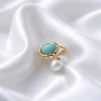 Jade Bague Ajustable Dorée Perle Blanche et Pierre Bleue - Acier Inoxydable