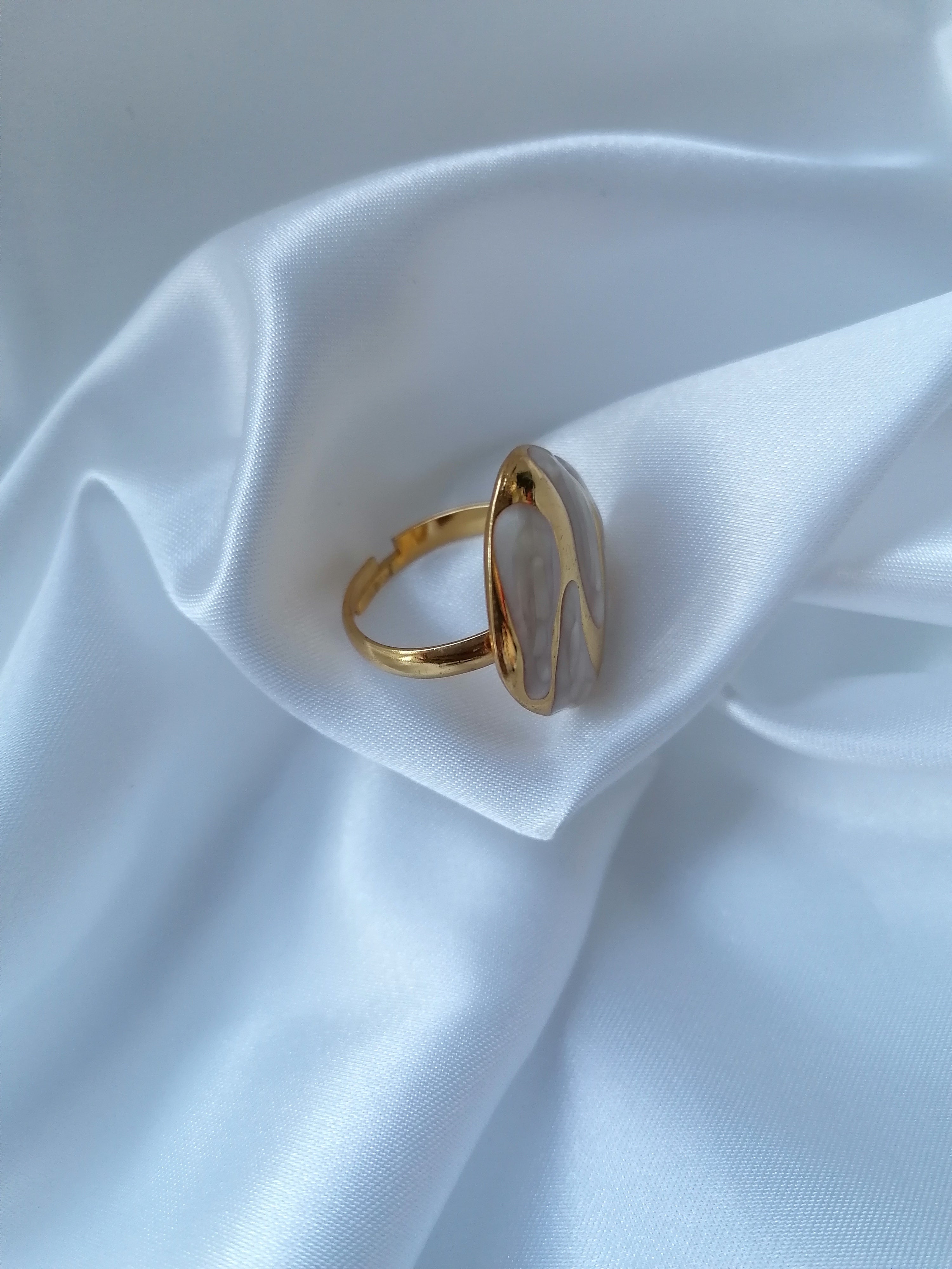 Bianca Bague Ajustable Dorée Motifs Blancs - Acier Inoxydable Femme
