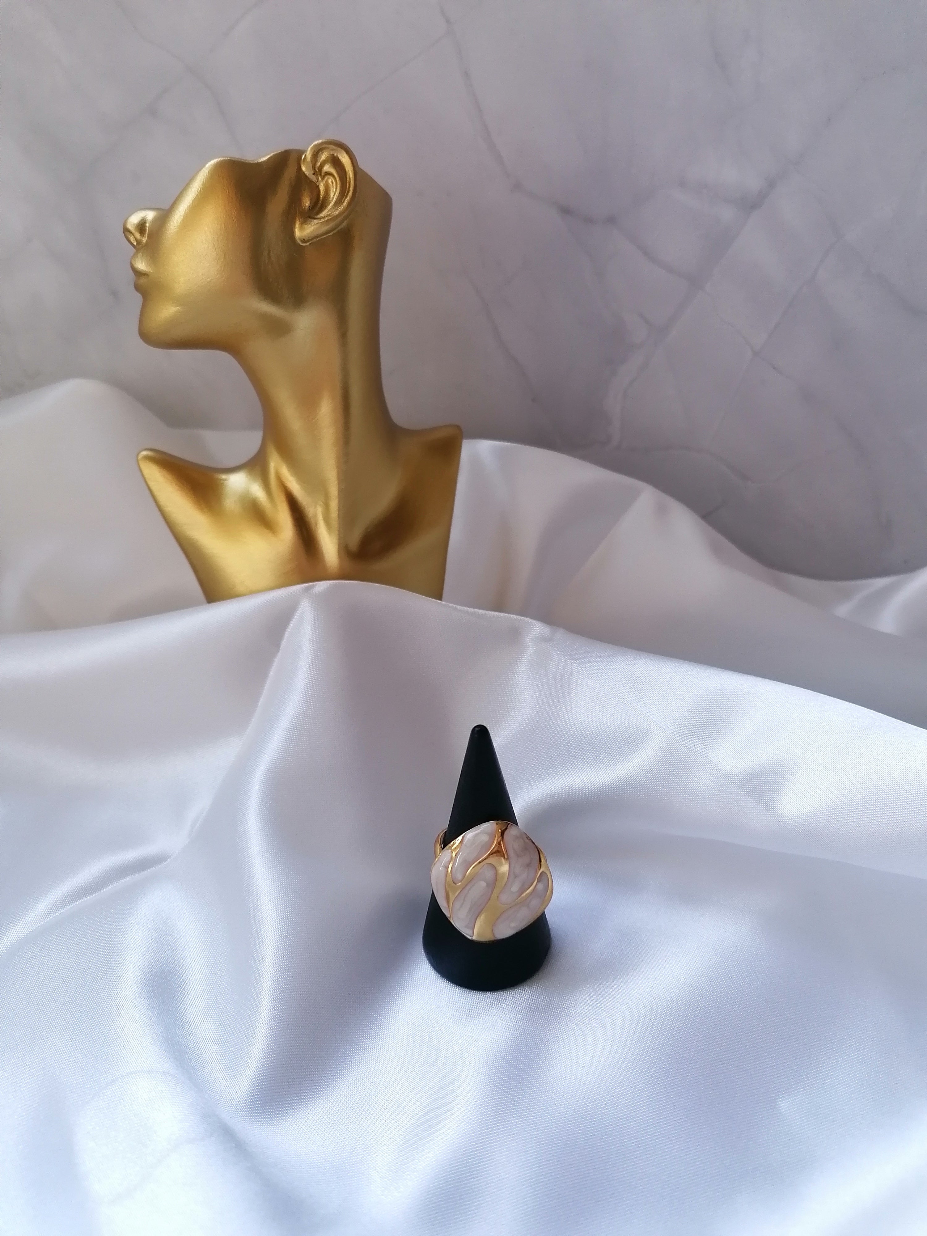 Bianca Bague Ajustable Dorée Motifs Blancs - Acier Inoxydable Femme